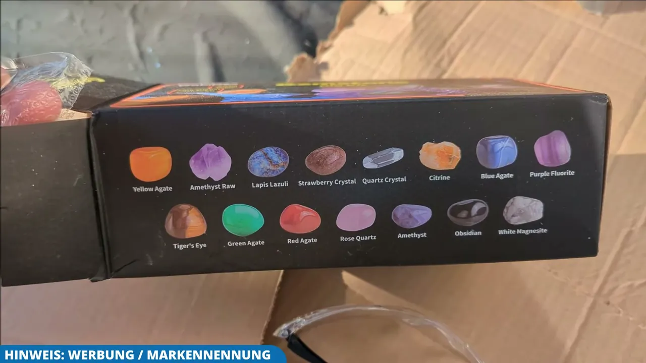 Auf der Verpackung sind die verschiedenen Edelsteine abgebildet, die im Set entdeckt werden können.