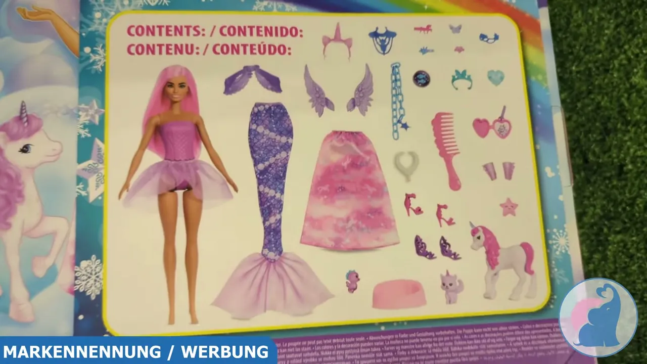 Mit Flosse, Flügeln und Rock verwandelt sich die Puppe, ergänzt durch kleine Fantasietiere und ein tragbares Kinderarmband.