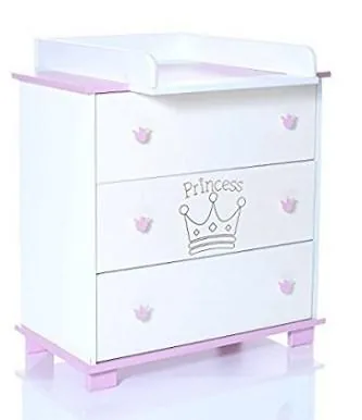 LCP Kids Baby Wickel-Kommode mit abnehmbaren Wickelauflage Aufsatz und 3 grossen Schubladen  weiß-rosa