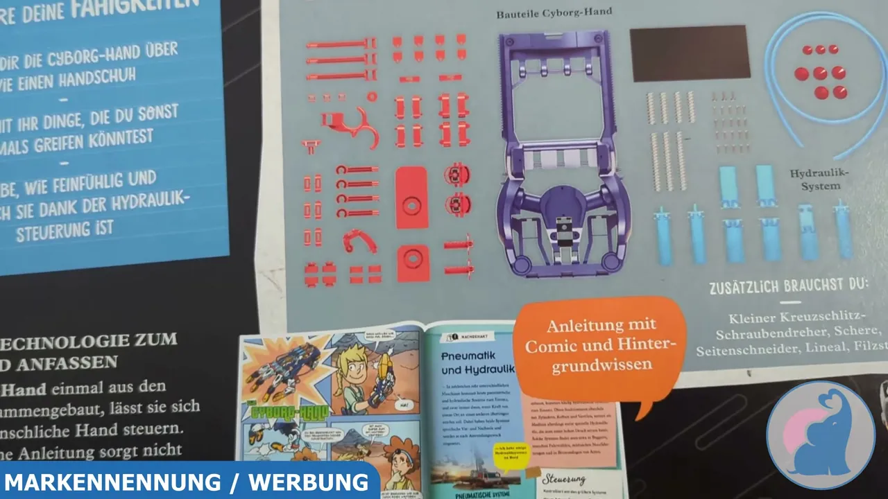 Die beiliegende Anleitung führt mit einem Comic durch den Aufbau und vermittelt Hintergrundwissen zur Funktionsweise von Hydraulik.