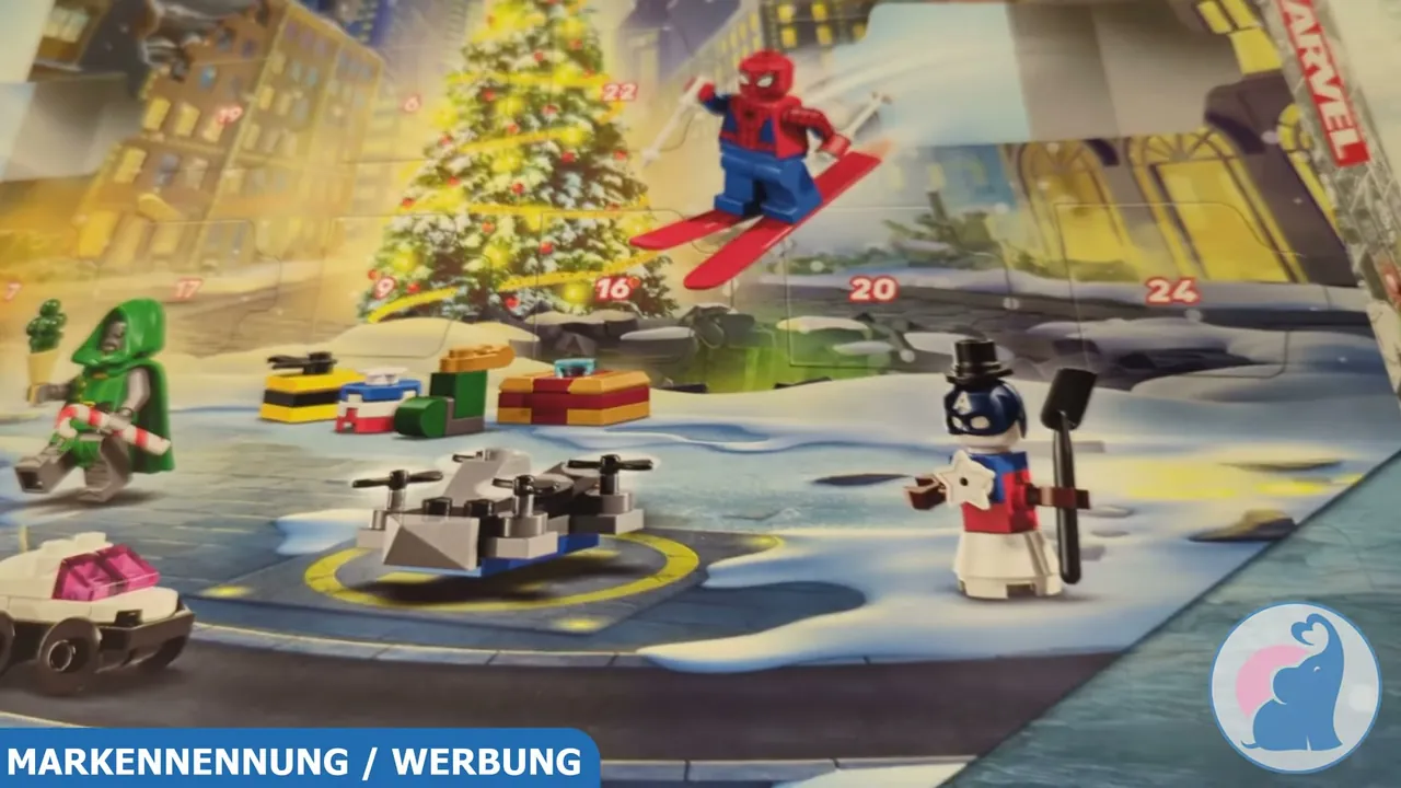 Festliche Details wie Spider-Man auf Skiern und ein baubarer Schneemann laden zum fantasievollen Nachspielen von Szenen ein.
