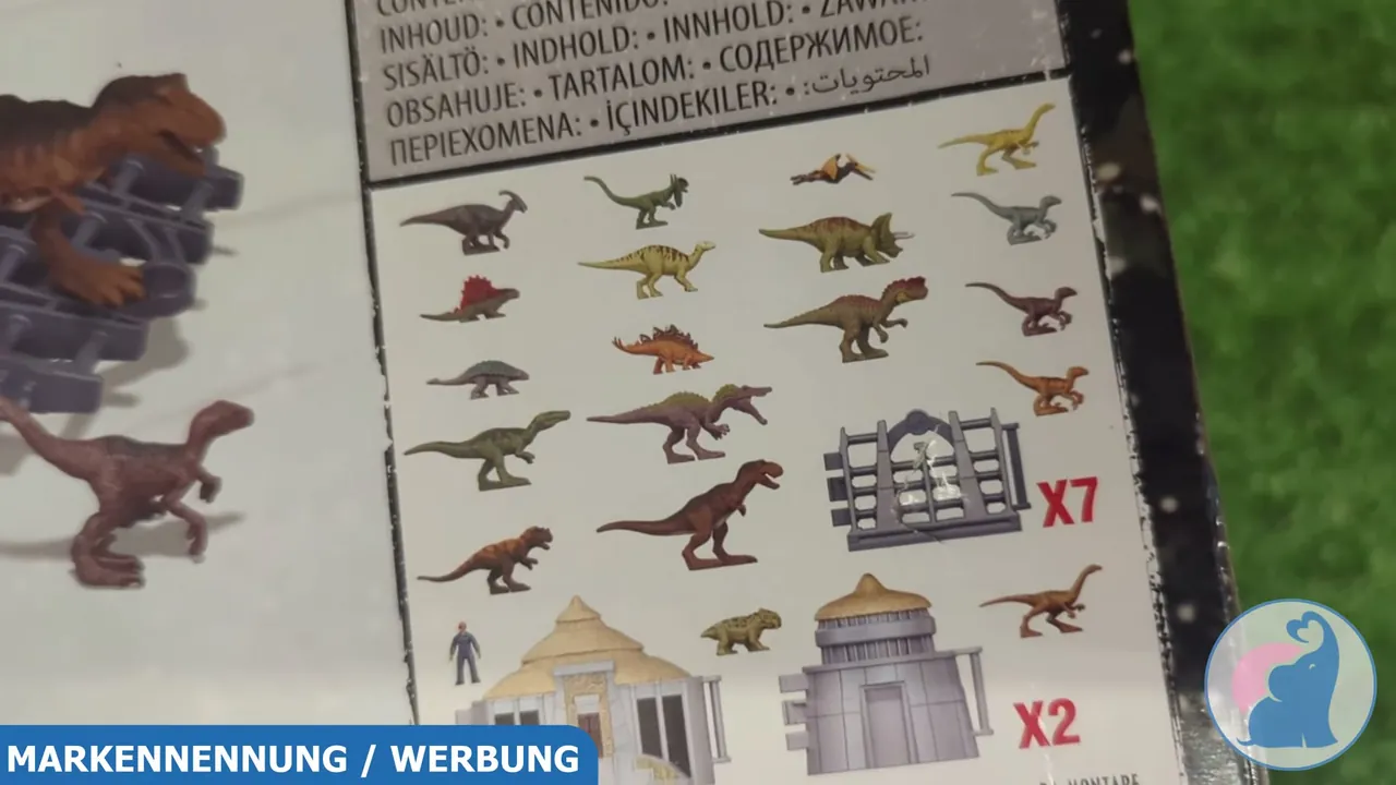 Die Inhaltsübersicht zeigt 19 Mini-Dinosaurier, eine Menschenfigur sowie Teile für das Besucherzentrum.