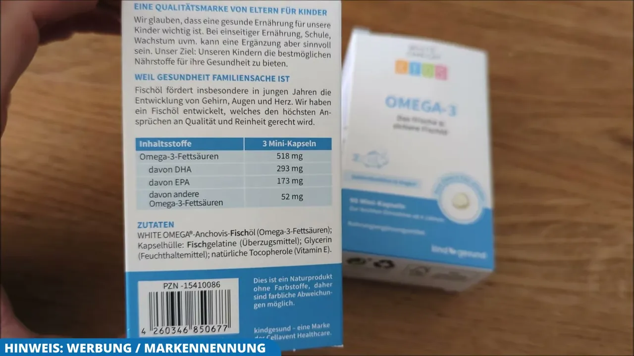 Die Nährwerttabelle weist den Gehalt an Omega-3-Fettsäuren aus, darunter 293 mg DHA und 173 mg EPA pro Tagesportion.