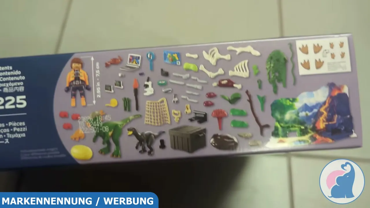 Insgesamt 64 Teile sind enthalten, darunter zwei Dinosaurier, eine Forscherfigur und umfangreiches Expeditionszubehör.