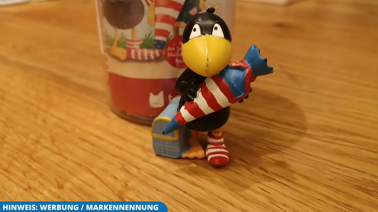 Passend zur Einschulungsgeschichte hält die Toniefigur eine Schultüte im Flügel und trägt ihre rot-weiß gestreifte Socke.