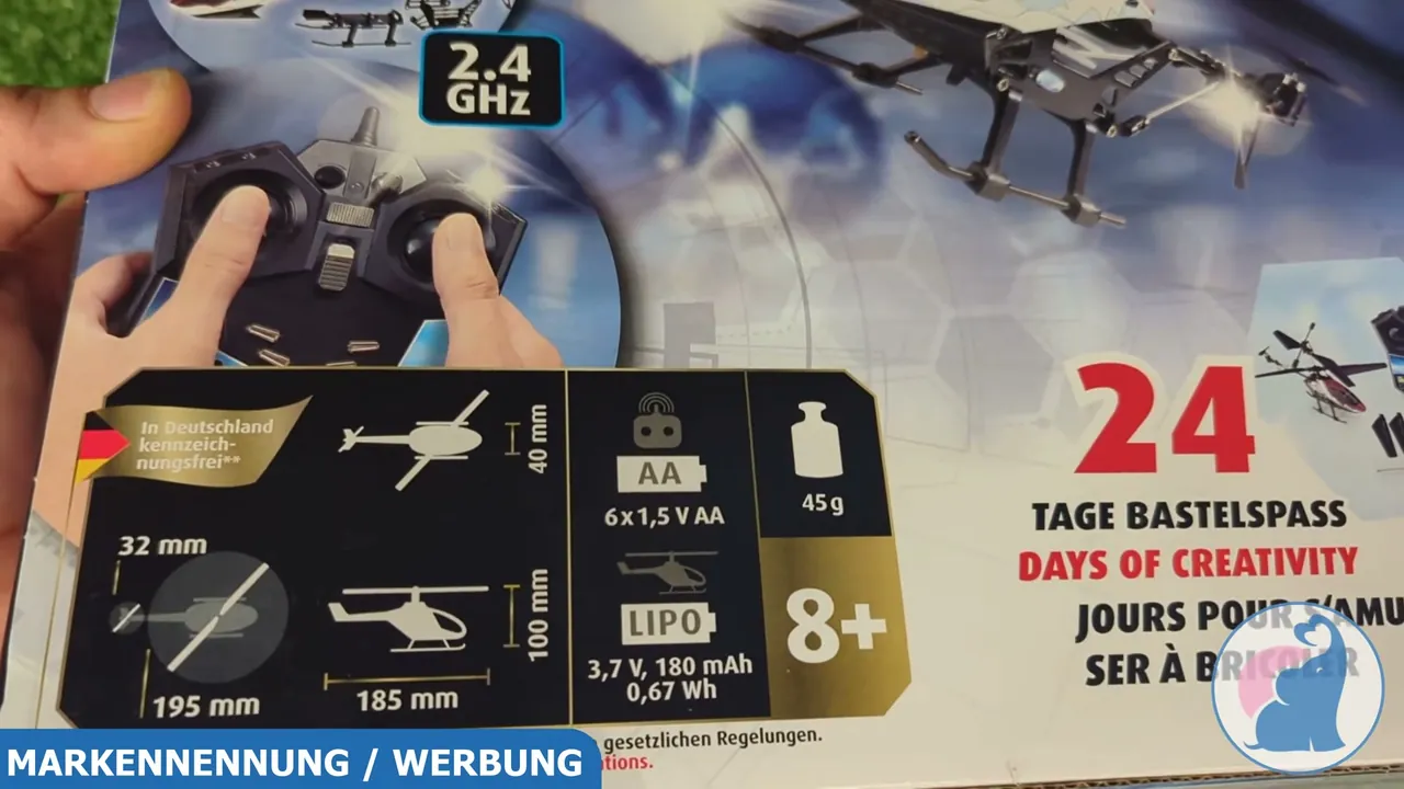 Piktogramme auf der Schachtel zeigen Maße, das geringe Gewicht von 45 Gramm sowie die Altersempfehlung ab 8 Jahren.