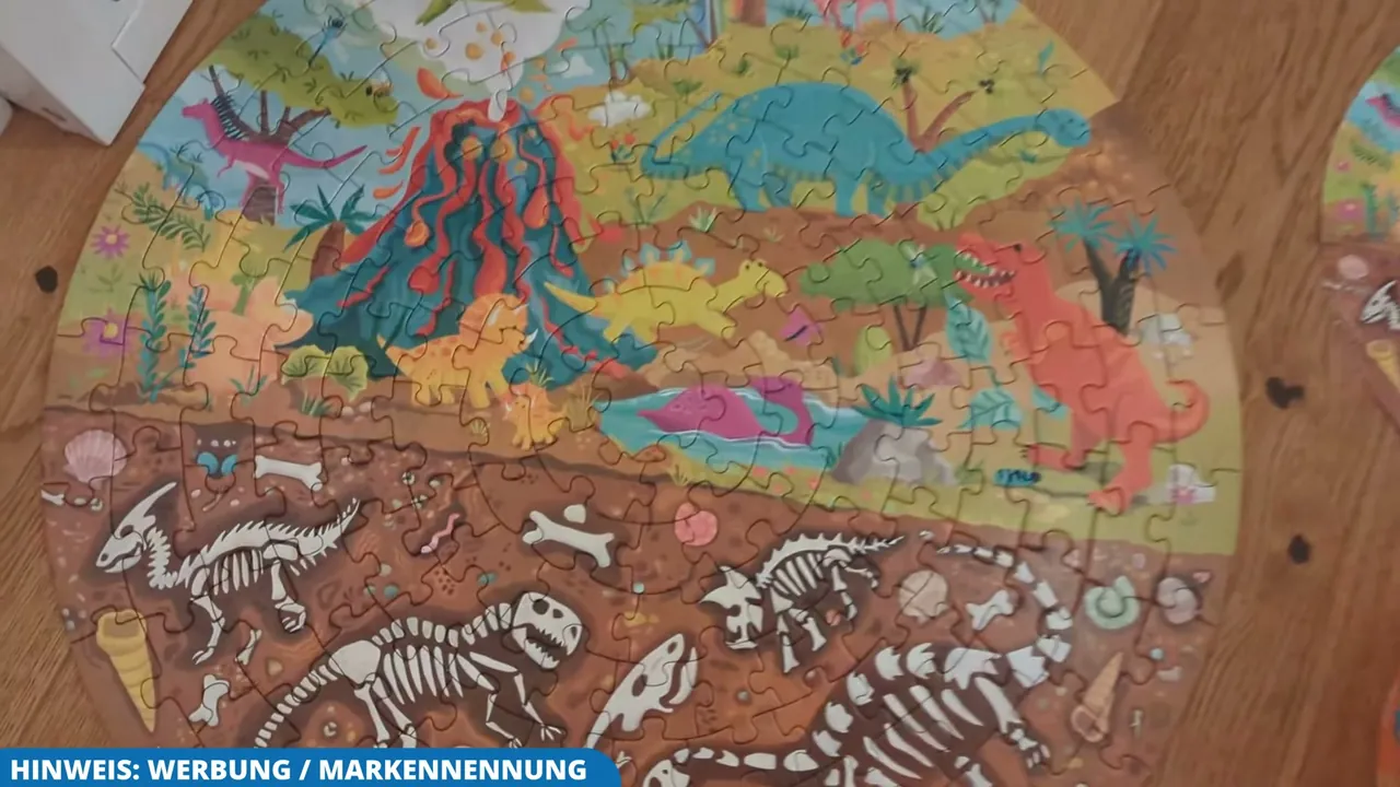 Das farbenfrohe Motiv zeigt oben lebendige Dinosaurier und darunter im Erdreich detailreiche Fossilienskelette.