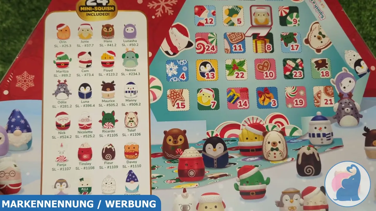 Auf der Rückseite sind alle 24 enthaltenen, rund 2,5 cm großen Mini-Squish-Figuren übersichtlich aufgeführt.
